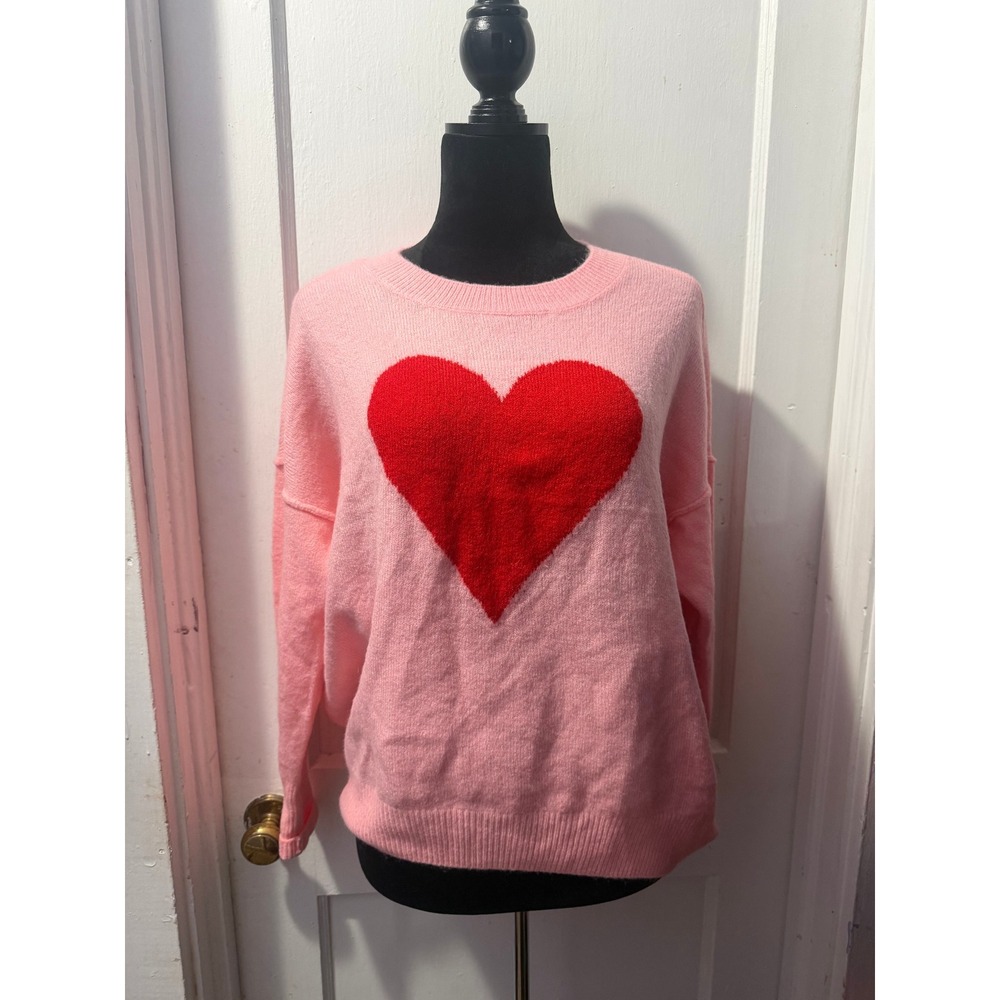 CeCe Pink Heart Knit Sweater Womens Small Red Heart Intarsia Pullover NWT